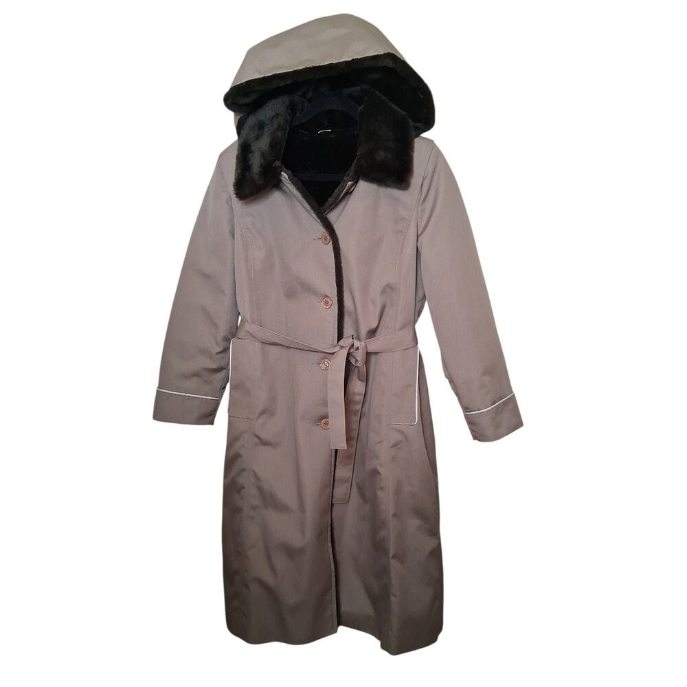 Fitz Tan Brown Trench Coat Belted FauxFur Collar Hoodie USA Union Made Sz 10 NWT